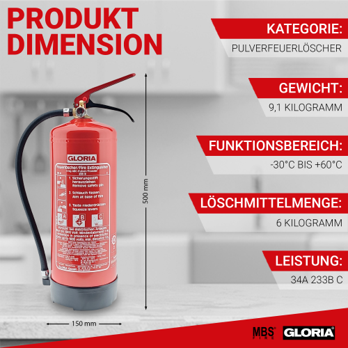 Gloria PD6GA – Dauerdruck-Pulverfeuerlöscher (ABC) mit Wandhalterung, einsetzbar an elektrischen Anlagen, frostsicher, EN3, 6 kg, 10LE
